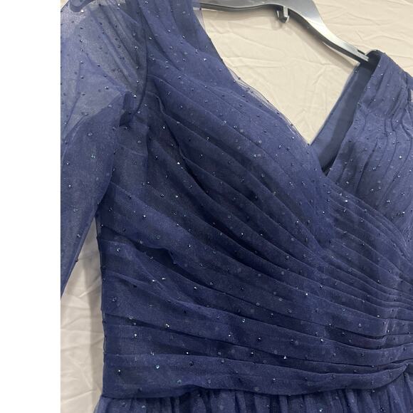 La Femme Sheer Fit & Flare Cocktail Dress Rhinestone Tulle Midnight Navy Blue - Picture 6 of 16